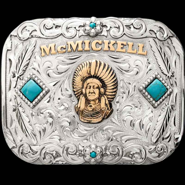 A Twist on our Best-Selling Antebellum North Classic Buckle. Crafted on hand-engraved German Silver and plated with Sterling Silver. Detailed with an arrow border, floral overlays and beautiful feather elements.

Customize it with your lettering, figure